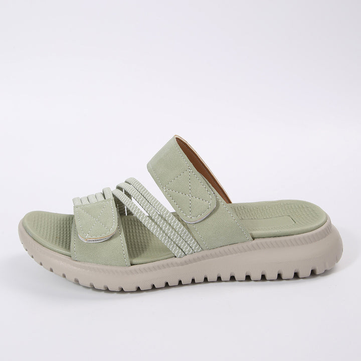 Damen Komfort-Pantolette mit verstellbaren Klettriemen, elastischen Zierbändern und stoßdämpfender Profilsohle Mune Fashion