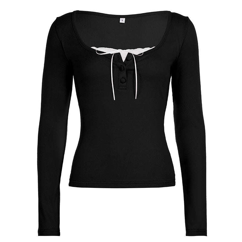 Women Fitted Long Sleeve Cami with Round Neckline, Button Placket and Decorative Tie Mune Fashion and Mune Fashion