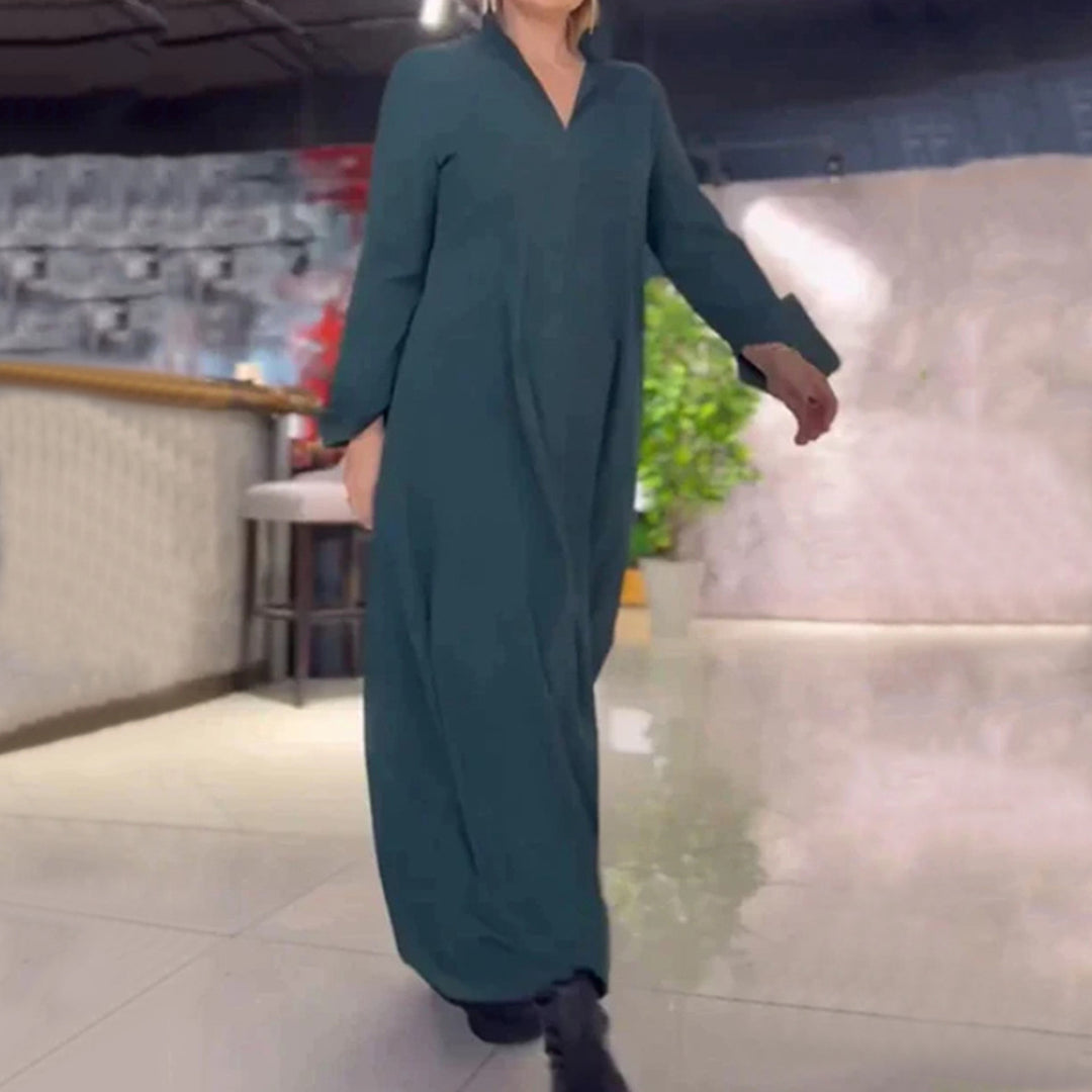 Women's flowing maxi dress with V-neck, boxy A-line, and long sleeves Mune Fashion