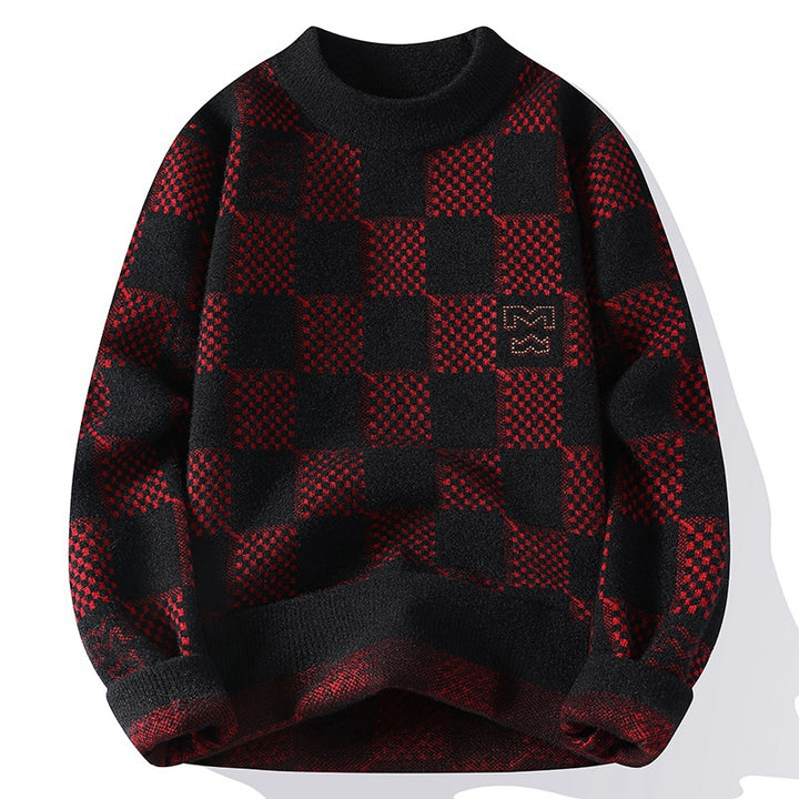 Men's checked oversized knit sweater with round neckline, soft fine knit and structured jacquard pattern Mune Fashion