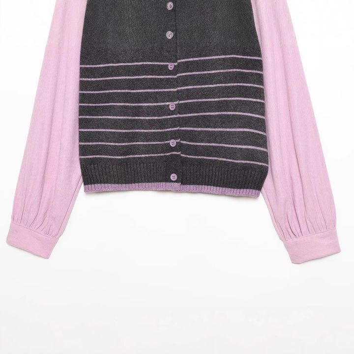 Ladies Layered Look Knit Cardigan with Striped Vest Insert and Volume Sleeves Mune Fashion