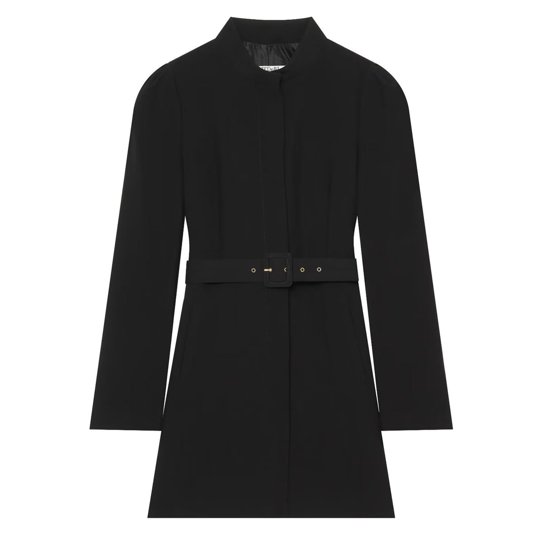 Women's Midi-Length Coat with Stand-Up Collar and Wide Waist Belt Mune Fashion
