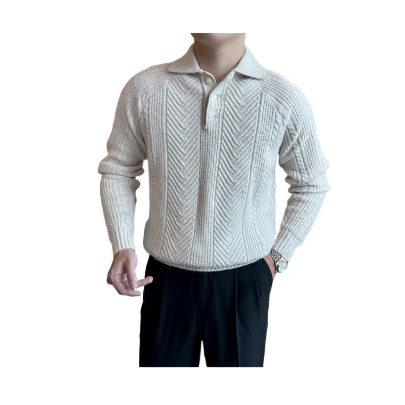 Men's Polo Collar Cable Knit Sweater with Half Button Placket Mune Fashion