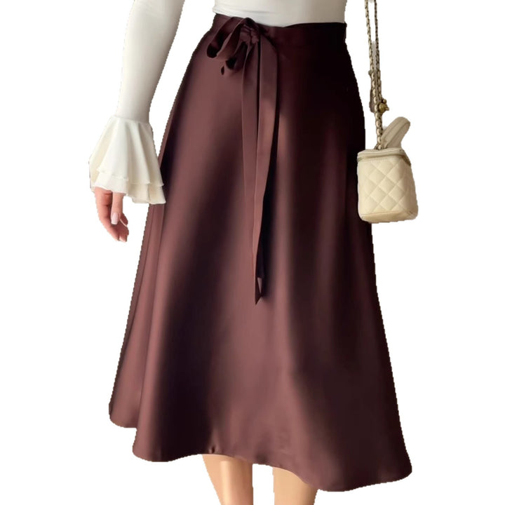 Women High-Waisted A-Line Midi Skirt with Ties and Satin Finish Mune Fashion