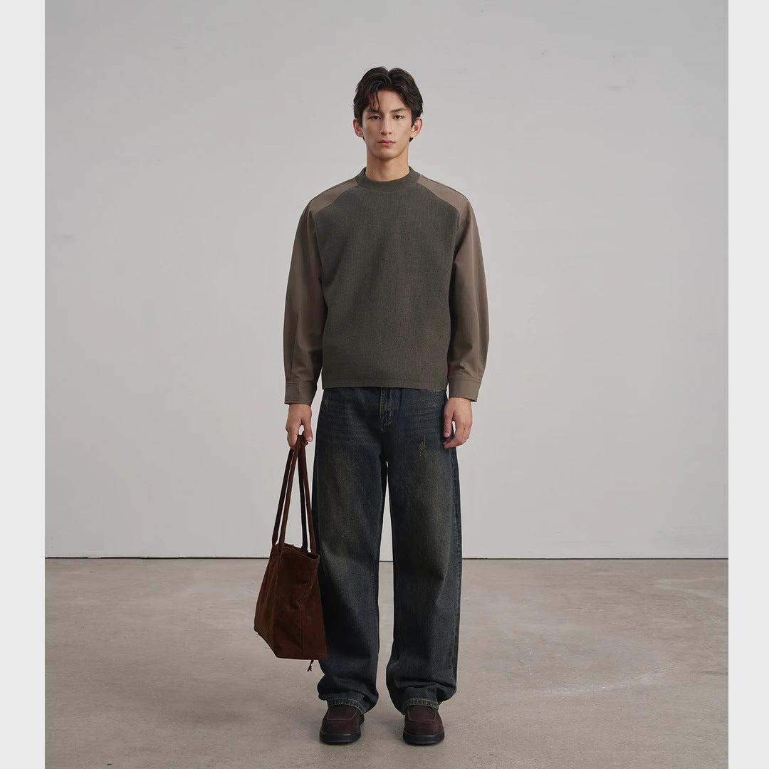 Men's round neck sweater with poplin sleeves and raglan shoulder Mune Fashion