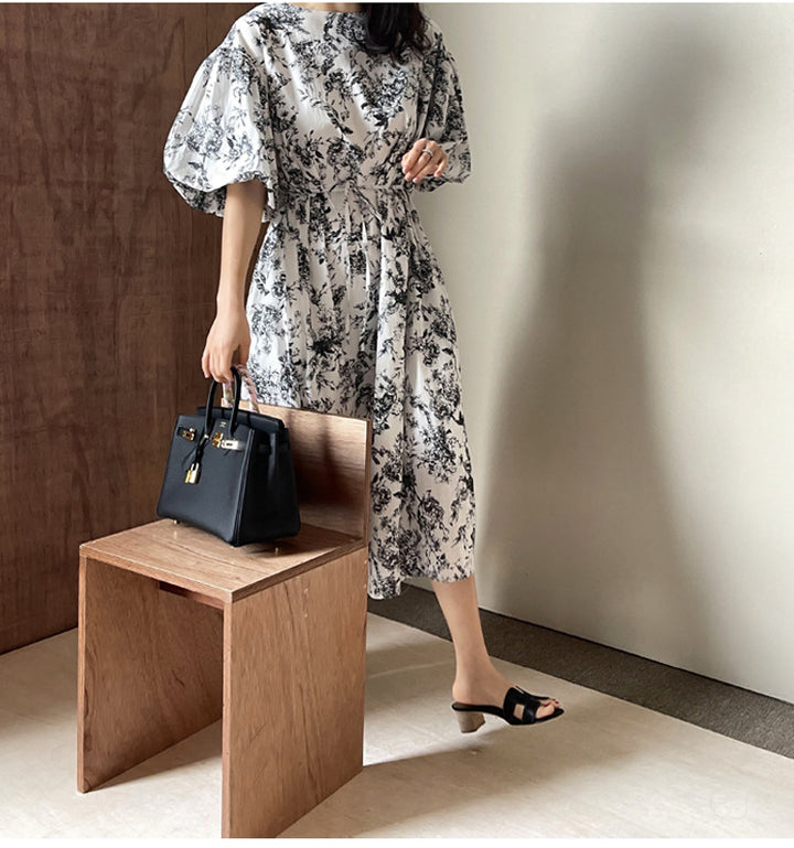 Women's Flared Midi Dress with Floral Toile Look, Puff Sleeves and Side Pockets Mune Fashion