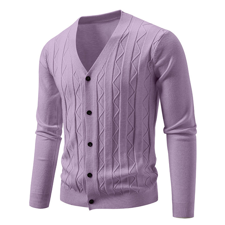Men's V neck cardigan with subtle cable knit texture and continuous button placket Mune Fashion