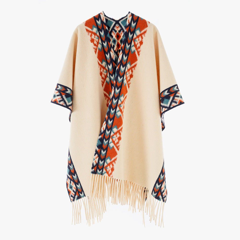 Women's Poncho Wrap with Ethno Jacquard and Fringe Hem Mune Fashion
