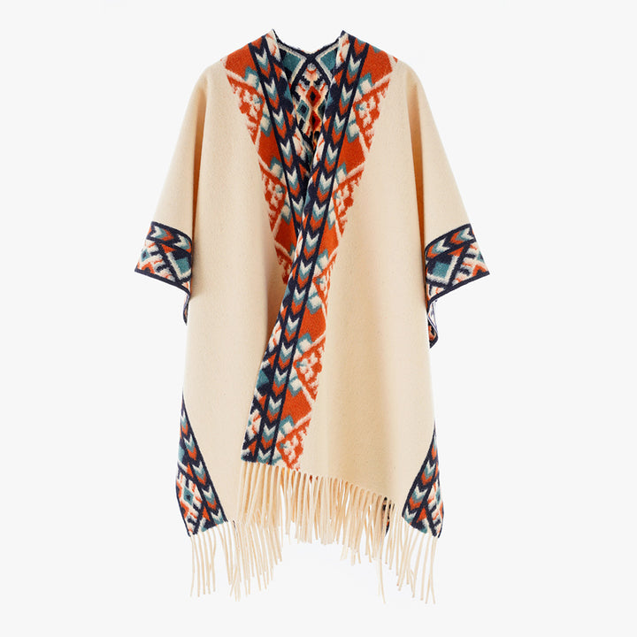 Women's Poncho Wrap with Ethno Jacquard and Fringe Hem Mune Fashion