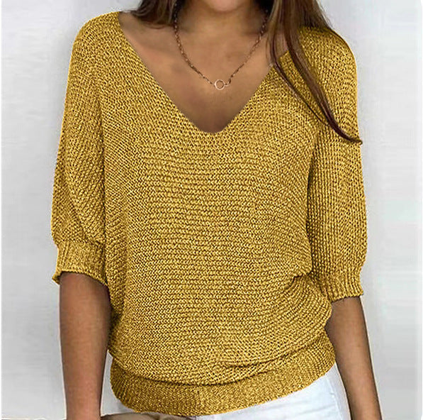 Women's casual knit sweater with V-neck and bat sleeves Mune Fashion