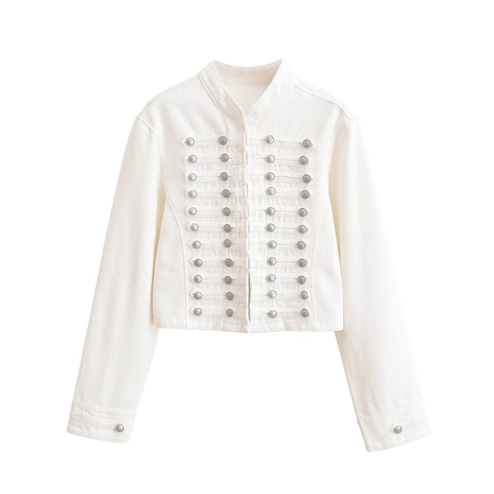 Women's denim jacket in military style with stand-up collar and decorative button plackets Mune Fashion