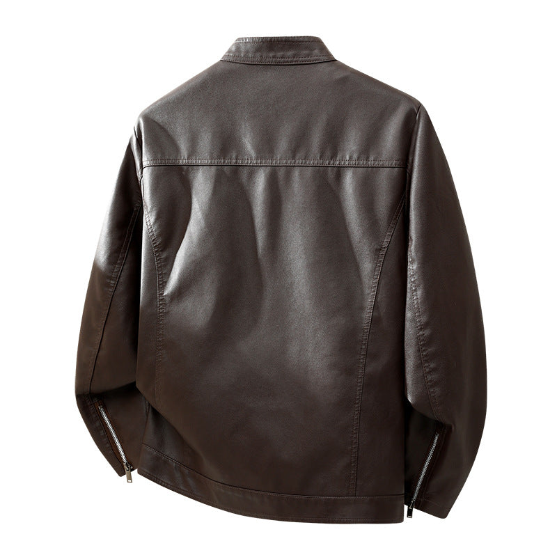 Men's Simple Faux Leather City Jacket with Stand Collar, Two-Way Zipper & Side Pockets Mune Fashion