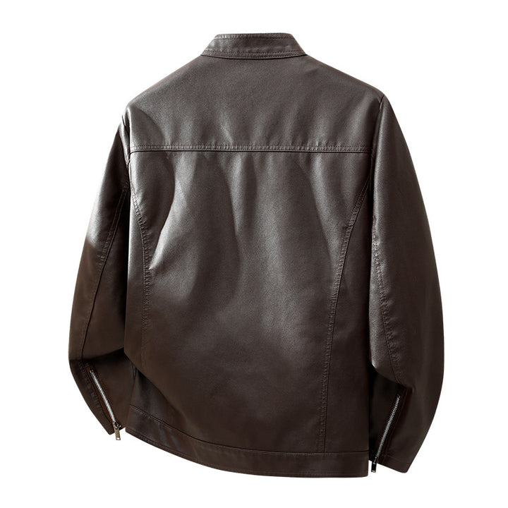 Men's Simple Faux Leather City Jacket with Stand Collar, Two-Way Zipper & Side Pockets Mune Fashion