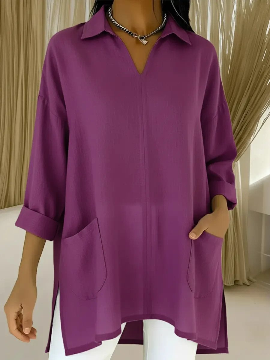 Women Oversized Tunic with Shirt Collar, V-Neck and Patch Pockets Mune Fashion