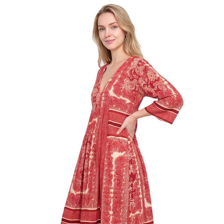 Women’s V neck midi dress with three-quarter sleeves, side pockets & flared A-line silhouette Mune Fashion
