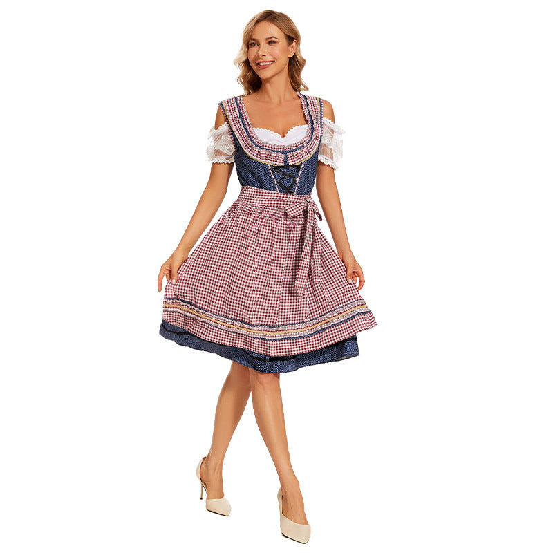 Ladies traditional dirndl dress with laced bodice, lace sleeves and checkered apron Mune Fashion