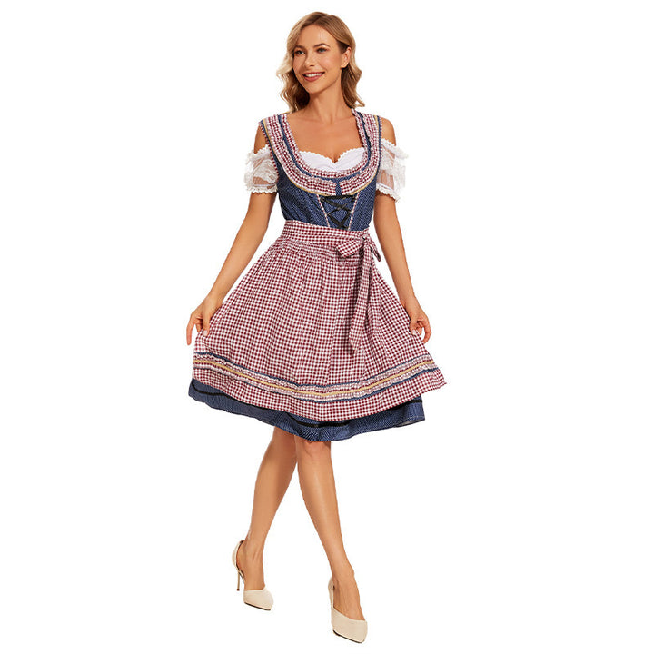 Ladies traditional dirndl dress with laced bodice, lace sleeves and checkered apron Mune Fashion