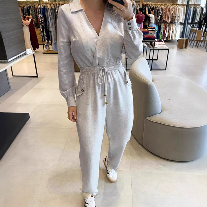 Women's Casual Jersey Jumpsuit with Wrap Collar, Drawstring Waist, and Patch Button Pockets Drune