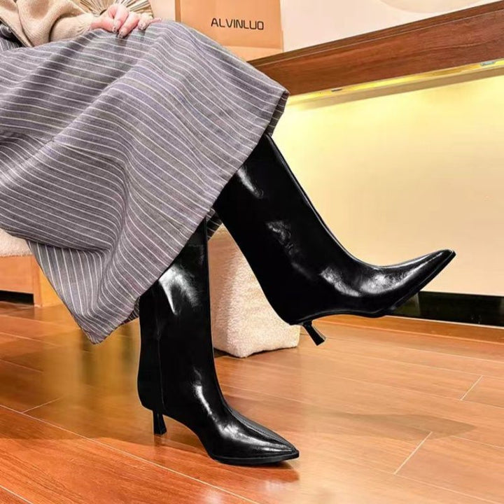 Ladies Knee-High Patent Boots with Pointed Toe Shape and Sculpted Kitten Heel Mune Fashion
