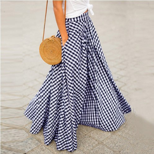 Women’s flared maxi skirt with gingham check, high waistband, and side pockets Mune Fashion