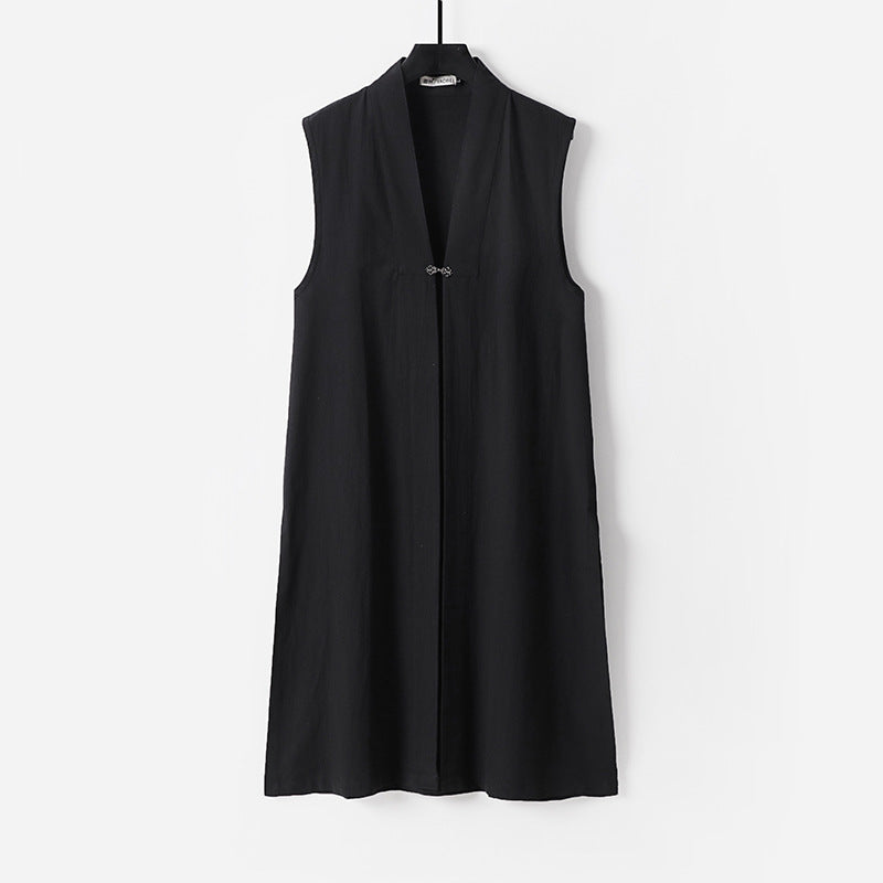 Women's sleeveless long vest with stand-up collar and decorative toggle closure Mune Fashion
