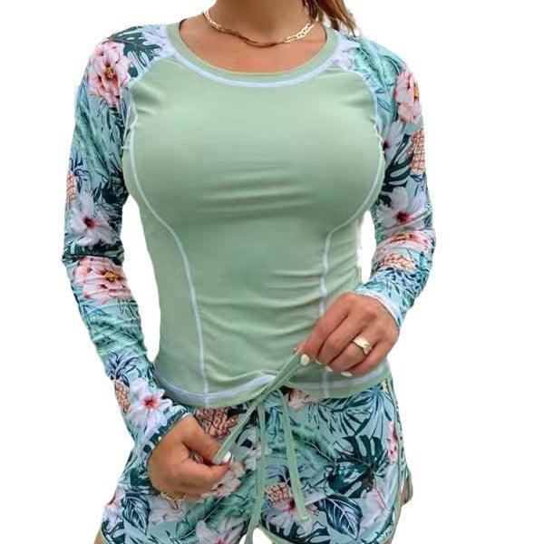 Ladies Sporty Long Sleeve Swim Top with Floral Design and Shorts Mune Fashion
