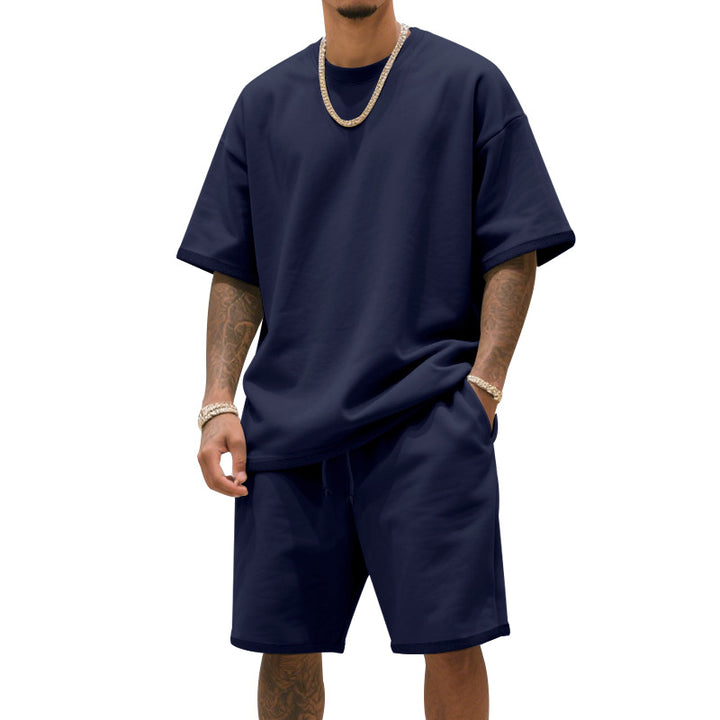 Men's relaxed jersey set with extended round neck t-shirt and elastic drawstring shorts Mune Fashion