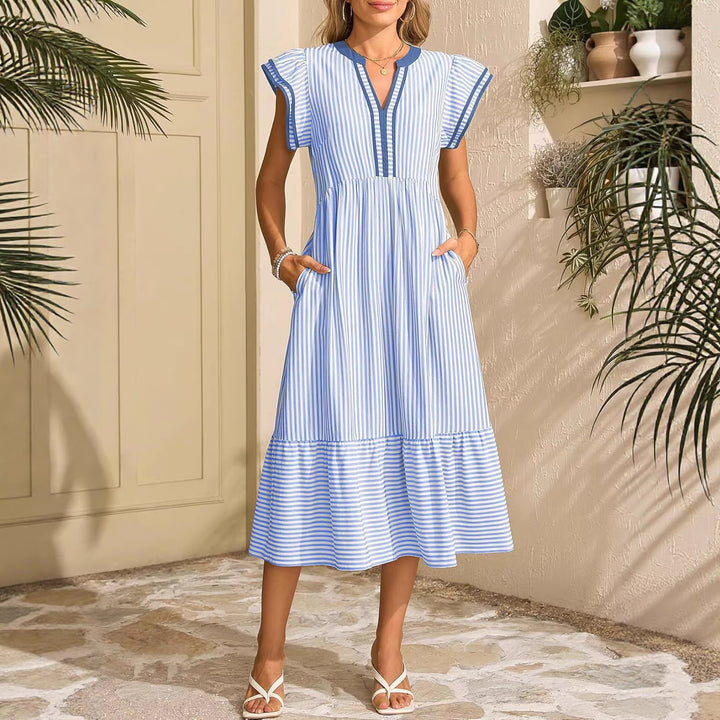 Women’s Maritime Midi Dress with Vertical Stripes, V-Neck and Ruffle Tier Mune Fashion