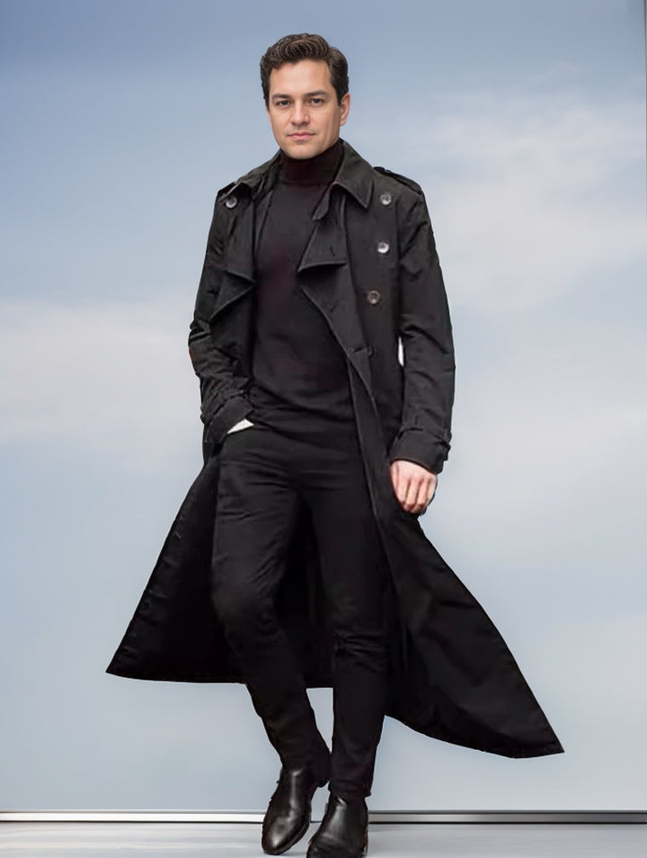 Men's Water-Repellent Long Trench Coat with Double Button Placket, Shoulder Epaulettes, and Adjustable Waist Belt Mune Fashion