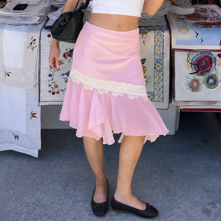 Women Asymmetric Midi Skirt with Lace Trim and Ruffle Hem Mune Fashion