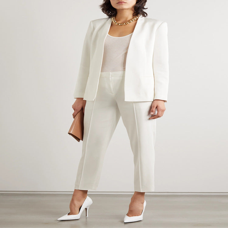 Women's Two-Piece Tailoring Set made of Stretch Crepe with Open Long Blazer and Cropped Cigarette Pants Mune Fashion