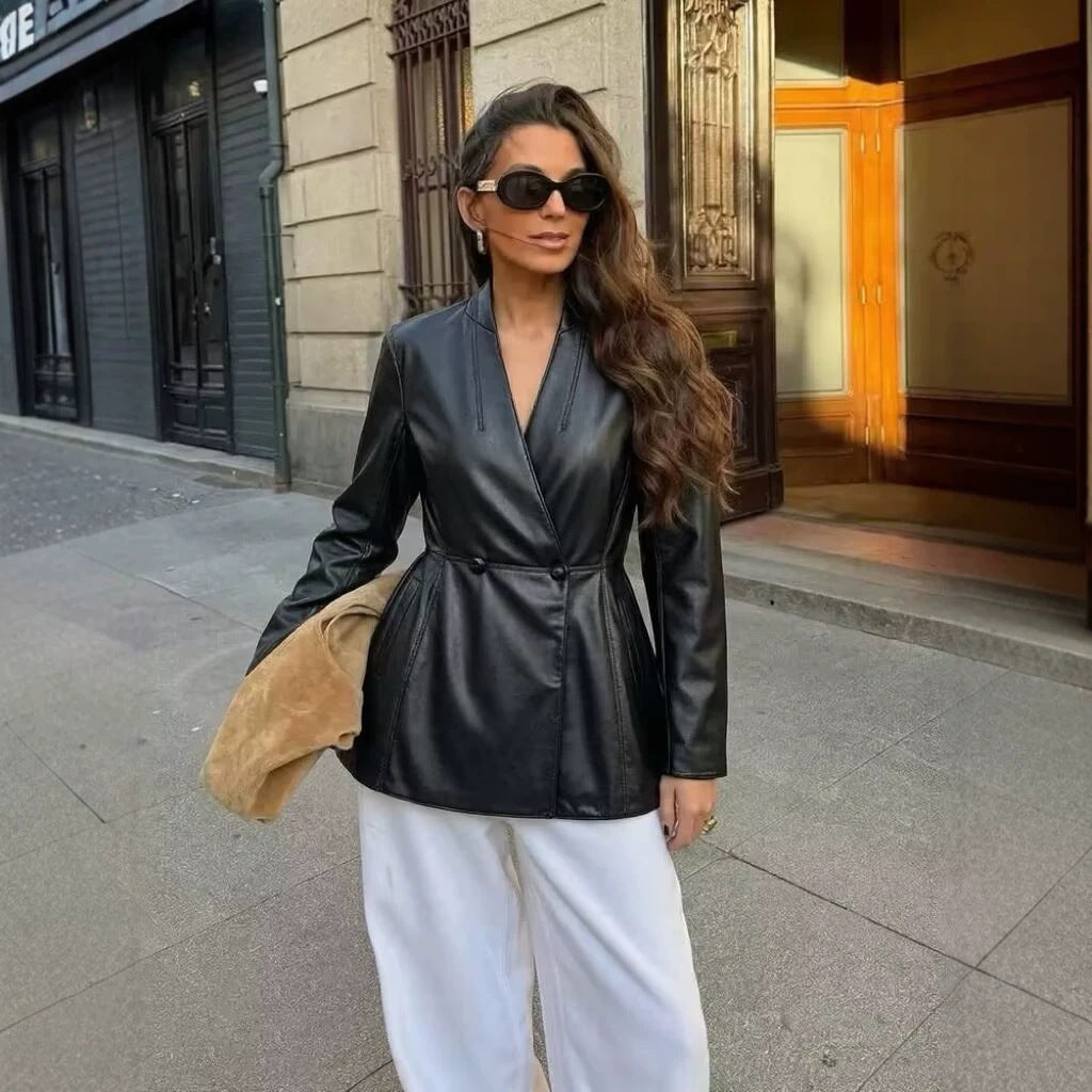 Women's Longer Tailored Blazer Coat in Vegan Leather Look with Cascading Shawl Collar and Double-Breasted Button Placket Mune Fashion