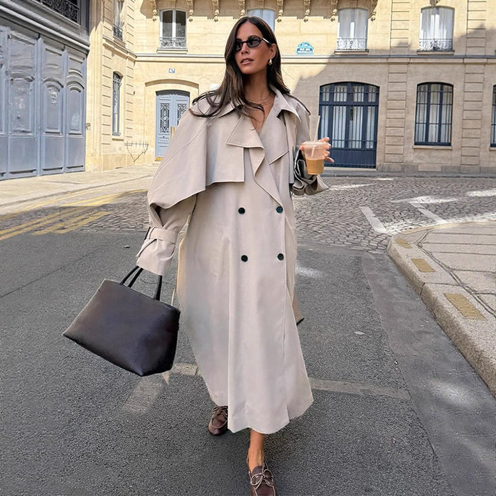 Women Oversize Trench Coat made of lightweight Gabardine with shoulder flaps and waterfall collar Mune Fashion