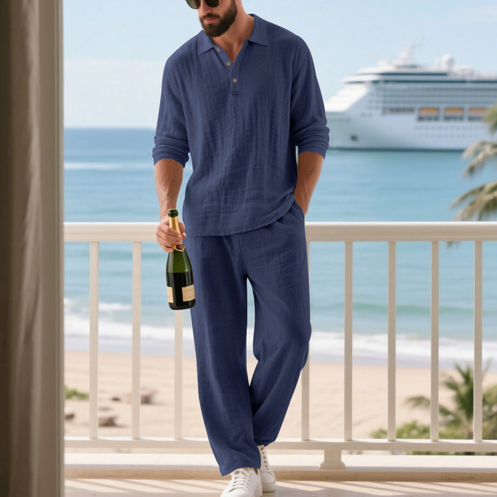 Men's relaxed cotton muslin resort set with polo collar button placket and wide comfort waistband Mune Fashion