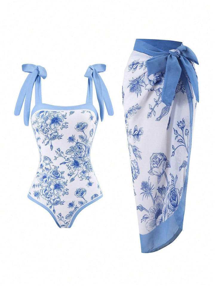 Women Elegant Swimsuit with Floral Accents and Fashionable Wrap Skirt Mune Fashion