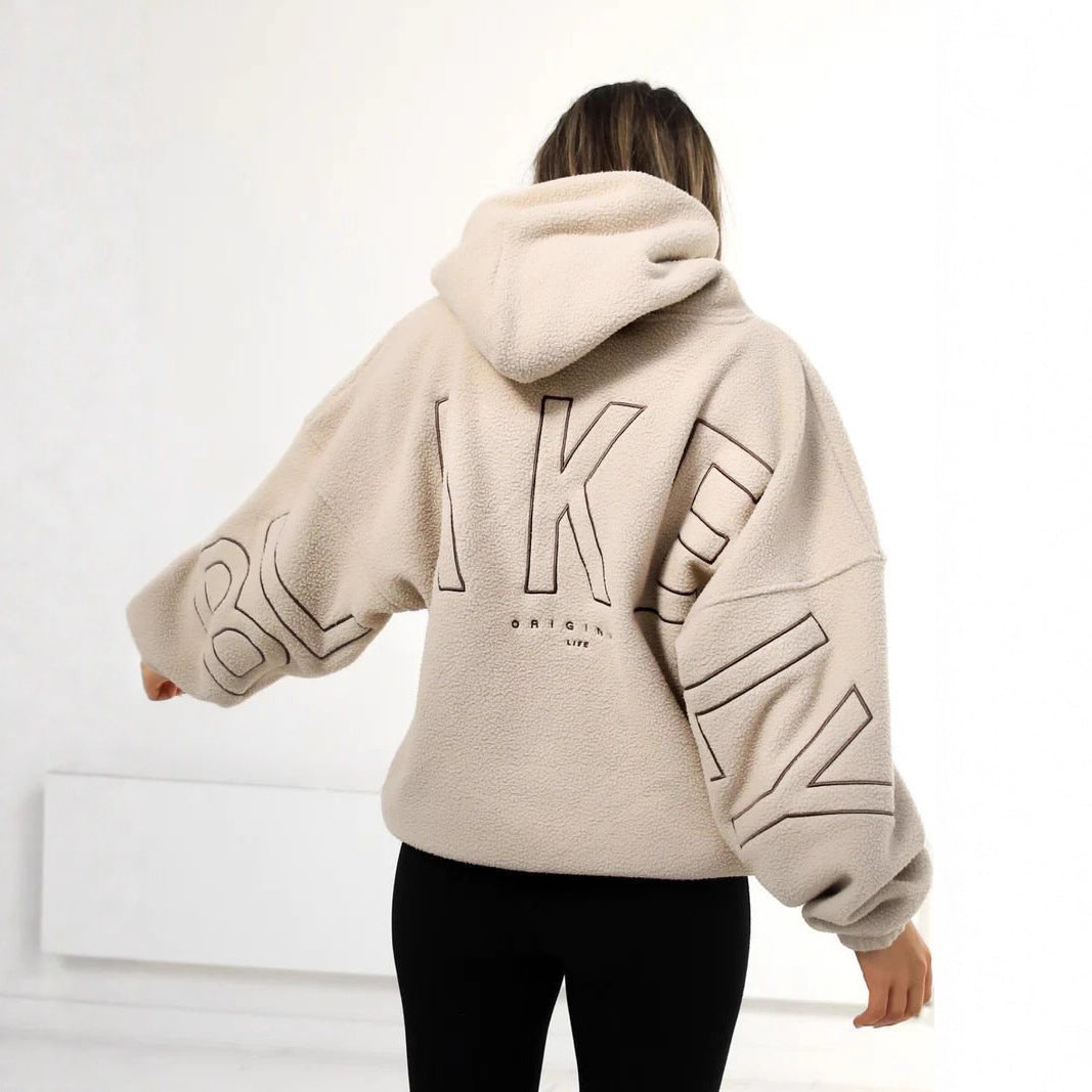 Women Oversize Teddy-Fleece-Hoodie with Logo Embroidery Mune Fashion
