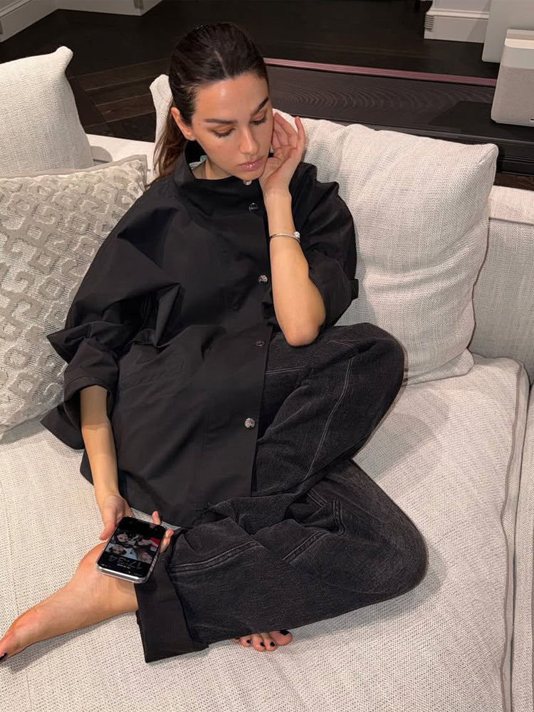 Women's oversized shirt jacket with stand collar, boxy silhouette and snap button placket Mune Fashion