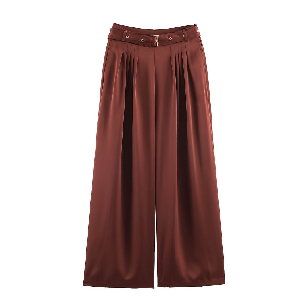 Ladies Two-Piece Satin Set with Bow Blouse and Pleated Culotte Mune Fashion
