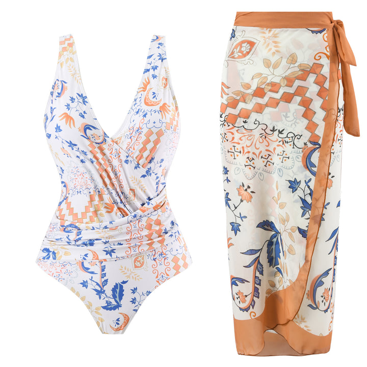 Women's swim set with floral wrap skirt and one-piece Mune Fashion