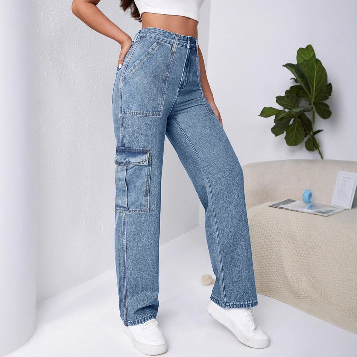 Women High-Waisted Cargo Wide Jeans with Patch Pockets and Elastic Hem Mune Fashion