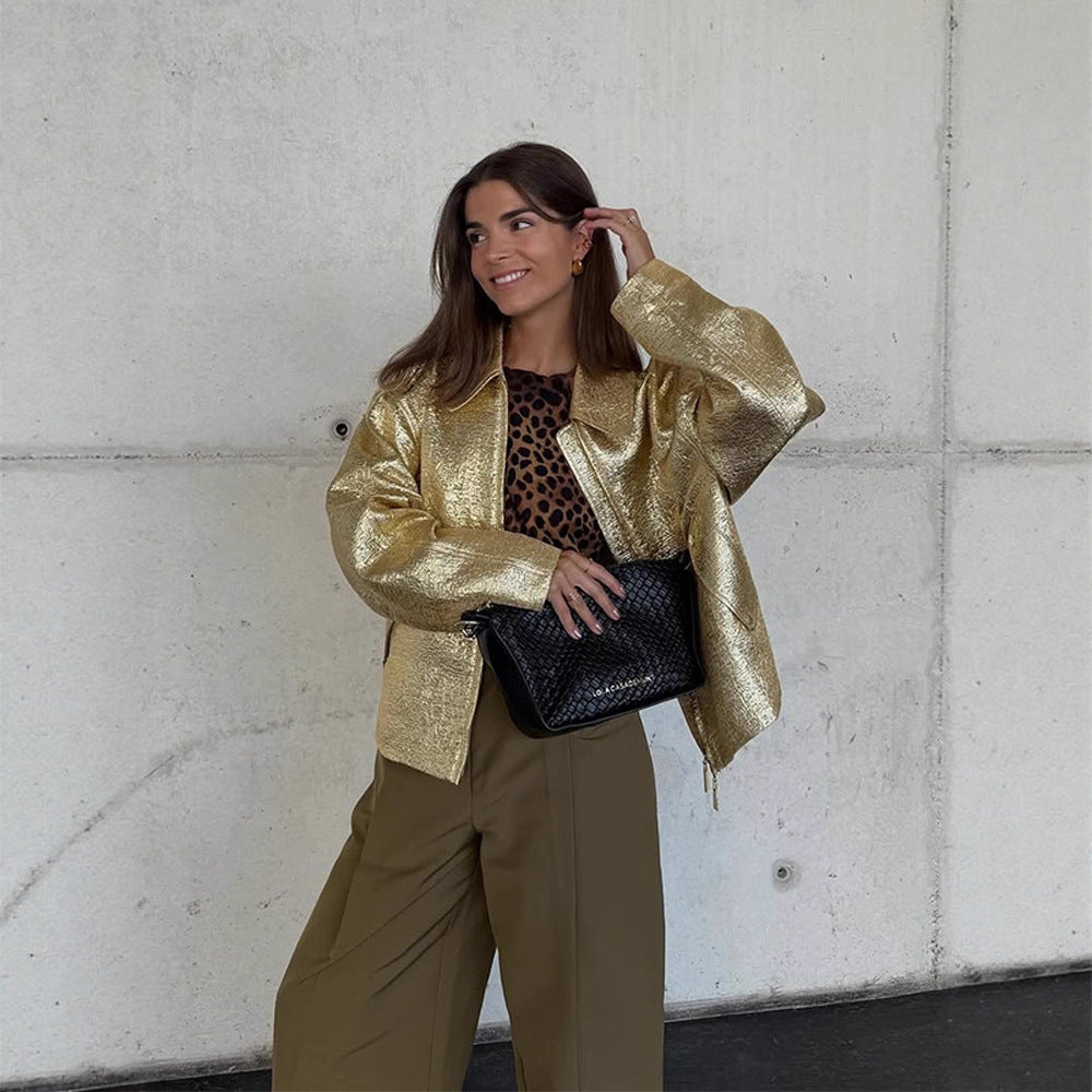 Women Short Textured Metallic Bomber Jacket with Boxy Silhouette Mune Fashion