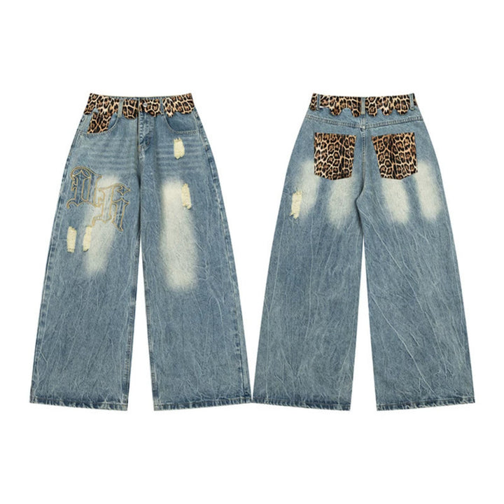 Ladies wide Palazzo jeans with destroyed details, leopard waistband and gothic embroidery Mune Fashion
