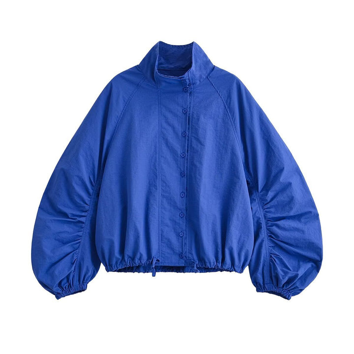 Women's Short Windbreaker with Voluminous Balloon Sleeves and Stand-Up Collar Drune