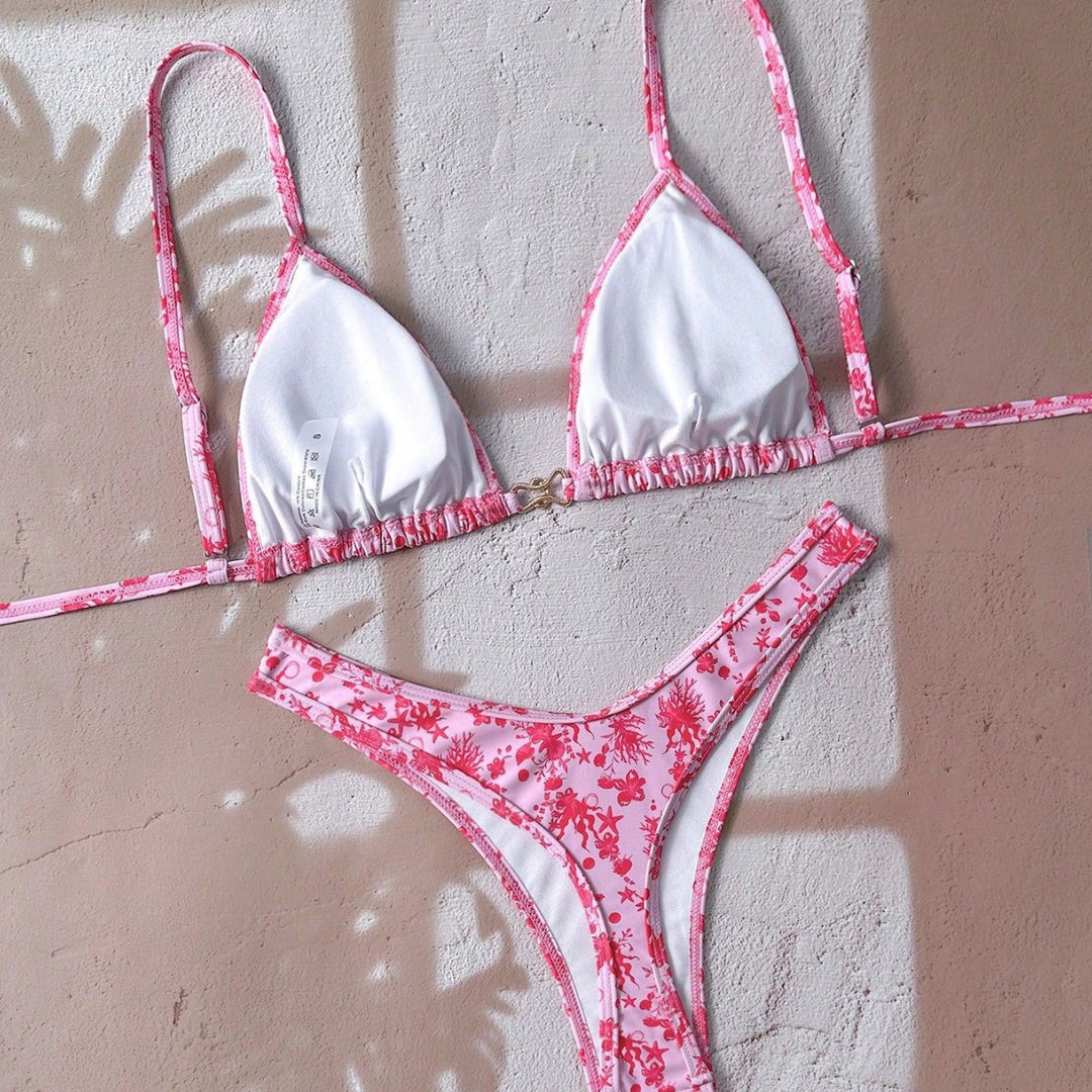 Ladies adjustable triangle bikini with floral trim Mune Fashion