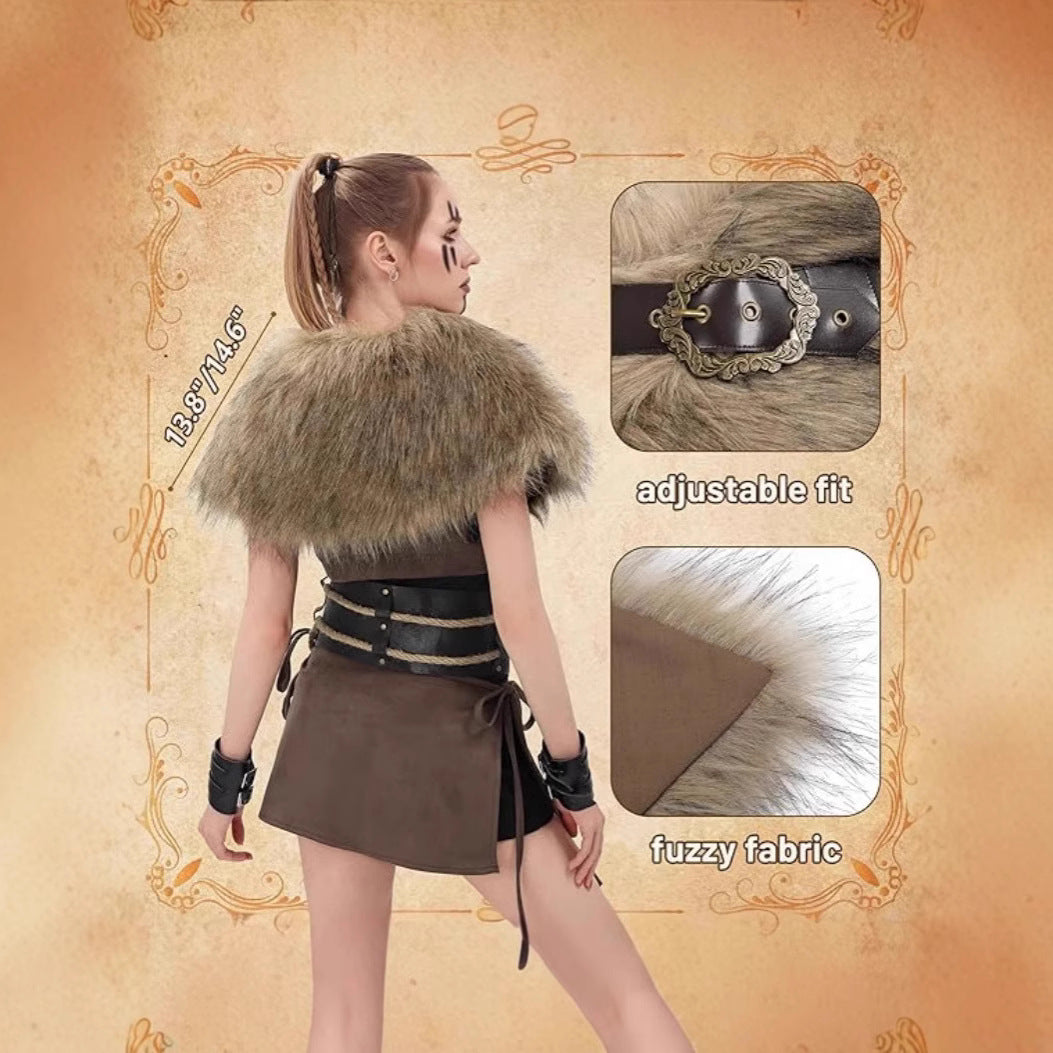 Women Viking-inspired fantasy costume with faux fur shoulder cape, waist belt, and leather bag Mune Fashion