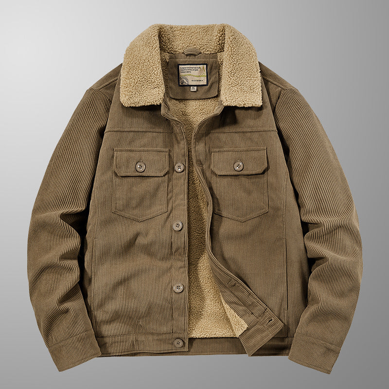 Men's Corduroy Work Jacket with Sherpa Lining, Notched Collar and Snap Button Placket Mune Fashion