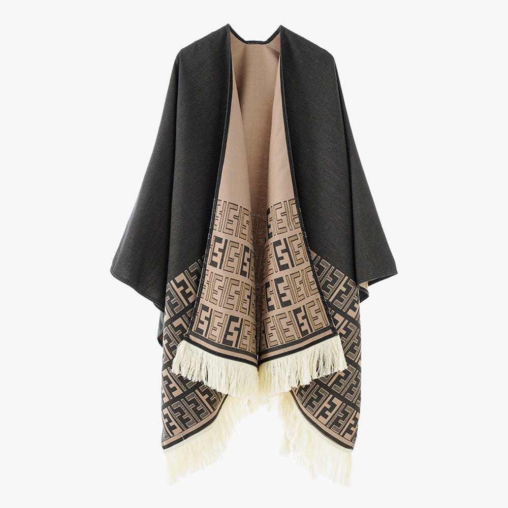 Women Reversible Jacquard Cape Wrap with Monogram Border and Fringes