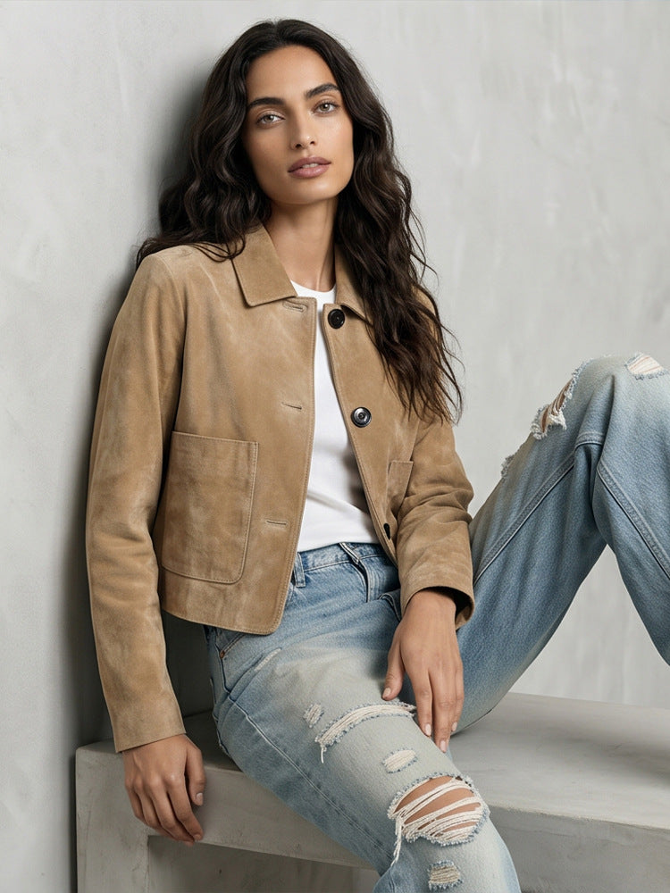 Women Short Suede Jacket in Clean-Cut with Patch Pockets Mune Fashion