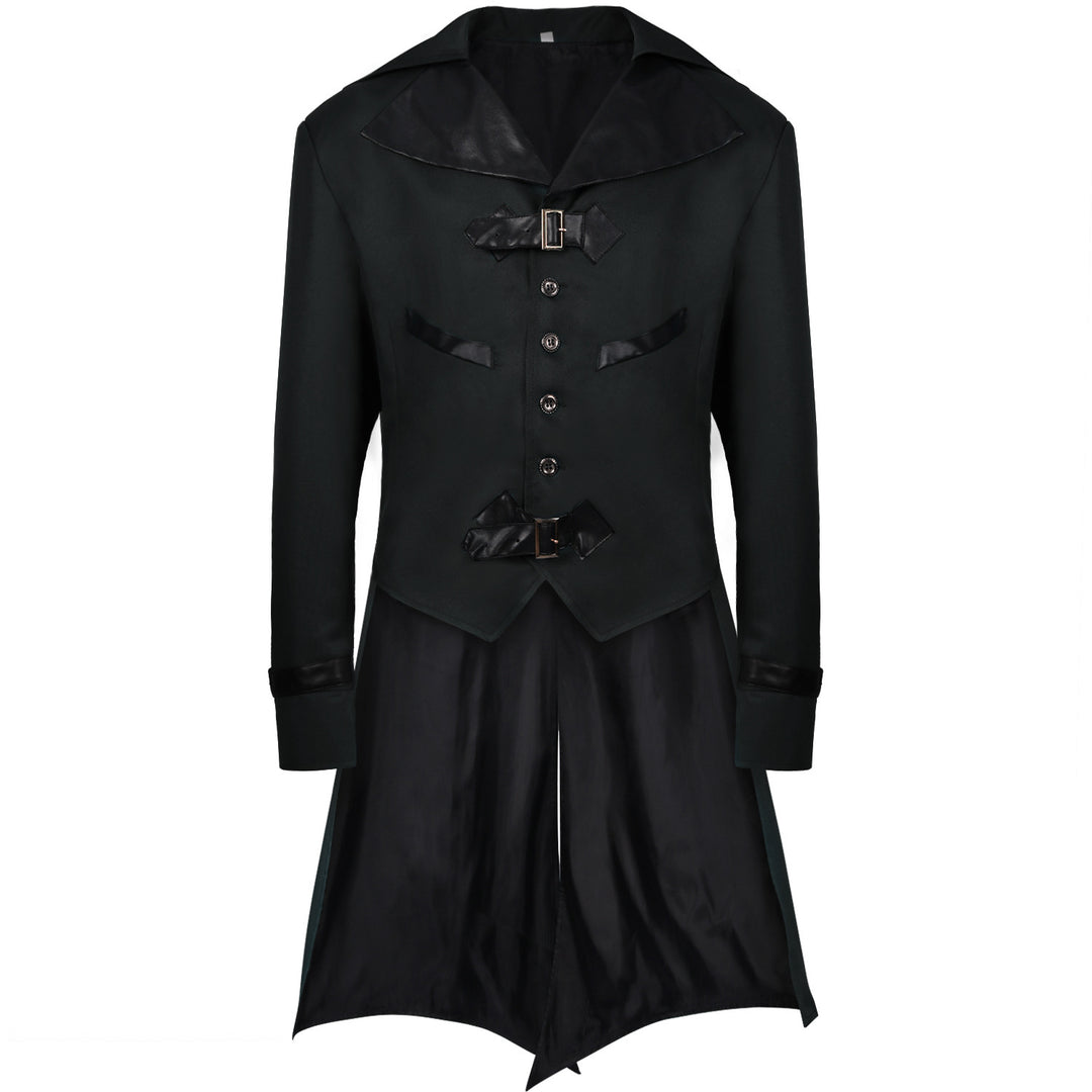 Men's long coat with double-layer shoulder cape, concealed zipper inner lining, and adjustable cuffs