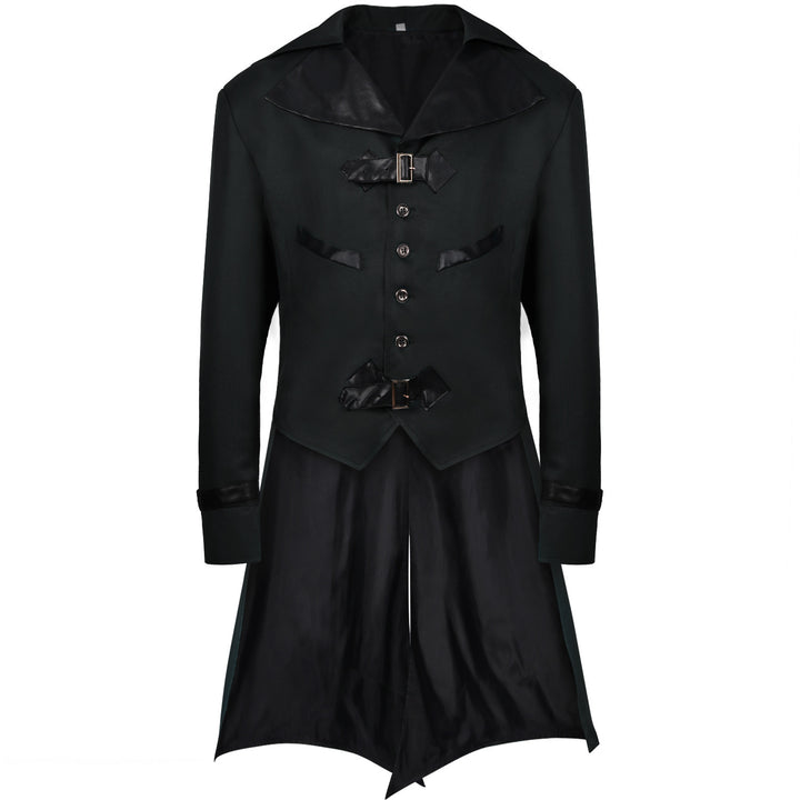 Men's long coat with double-layer shoulder cape, concealed zipper inner lining, and adjustable cuffs